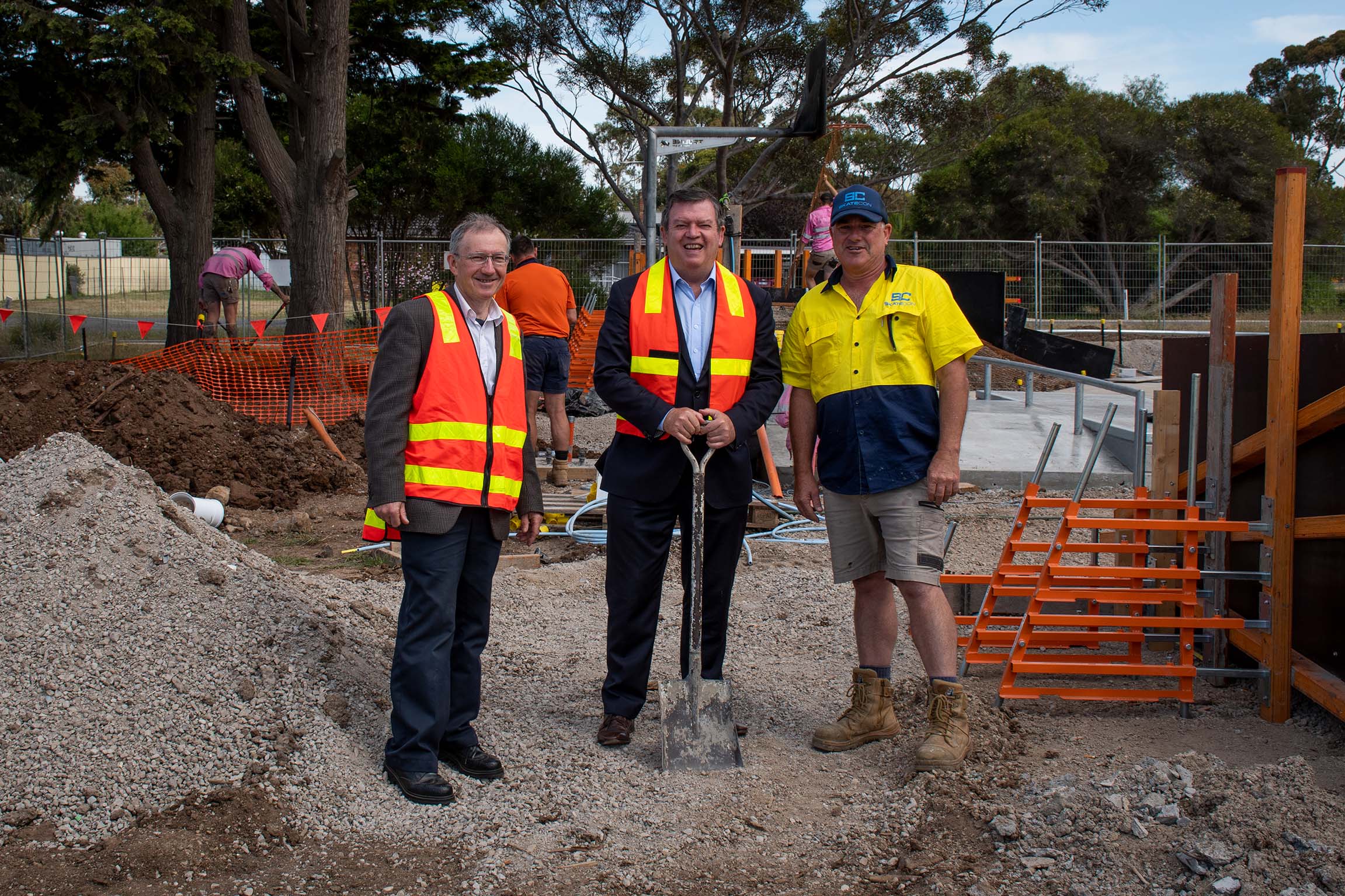 Golden Plains Shire Mayor Cr Gavin Gamble, Parliamentary Secretary for Crime Prevention Frank McGuire MP, and Gary from CONVIC at the construction site of the Bannockburn Skate Park Upgrade