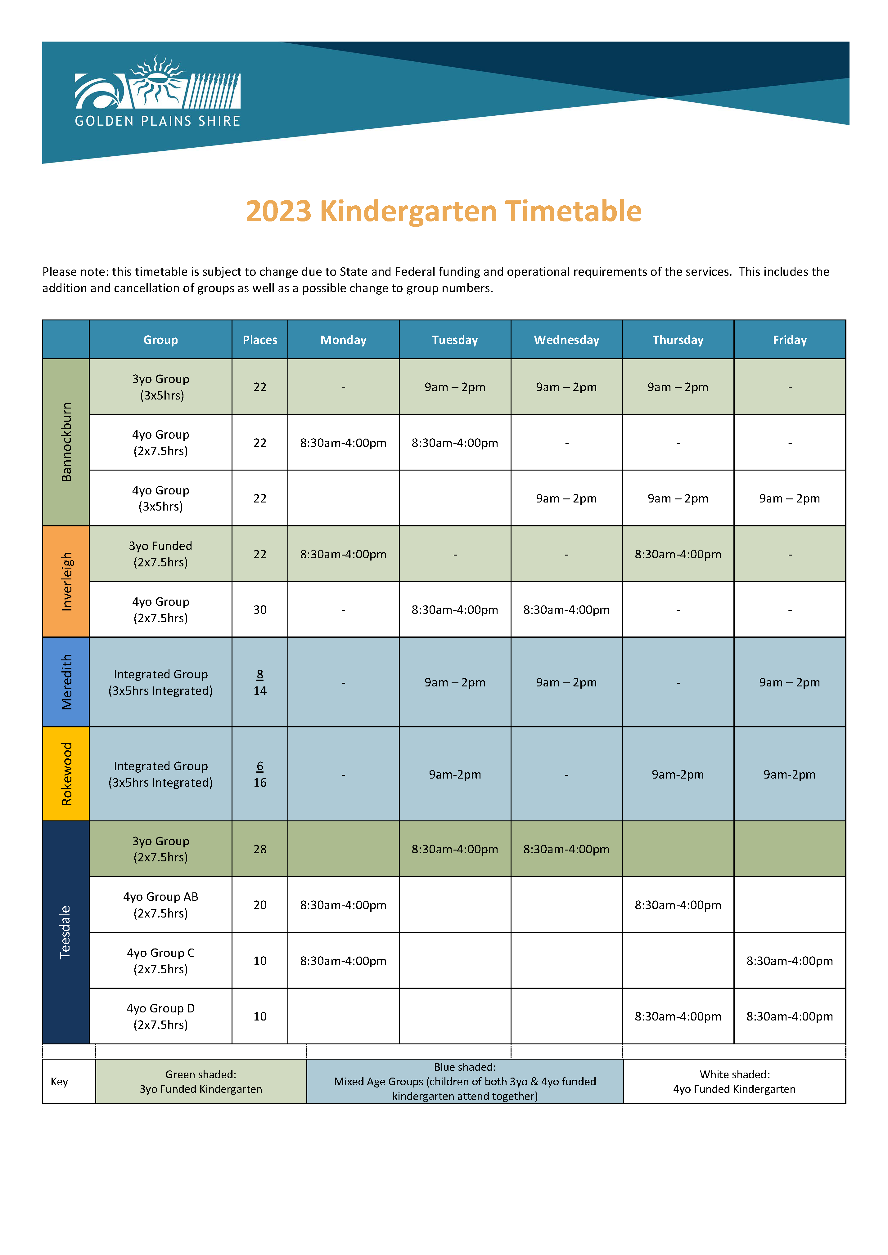 2023 Kindergarten Timetable