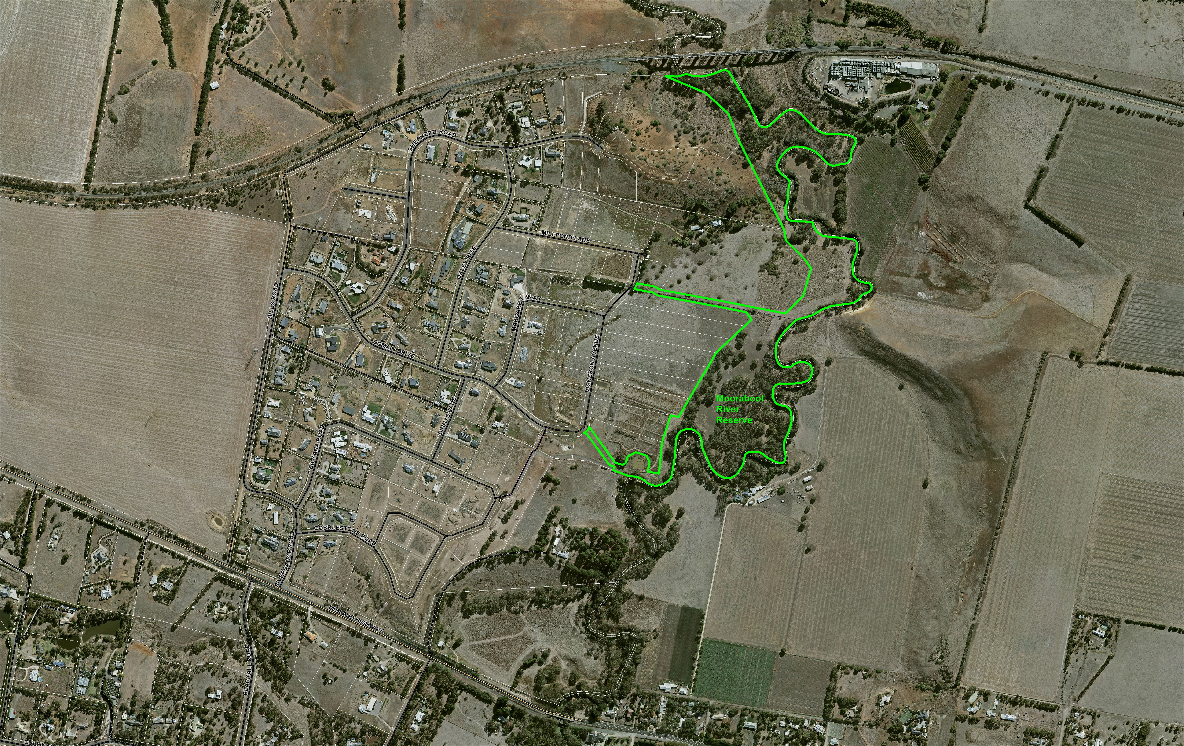 Overview map of Moorabool River Reserve in Batesford Victoria.