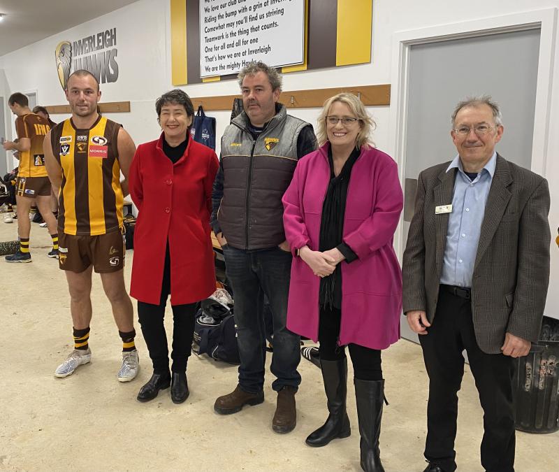 Pictured, left to right, are IFNC Senior Playing Coach Adam Donohue, Member for Buninyong Michaela Settle, IFNC President David Haste, Minister for Community Sport Ros Spence and Golden Plains Shire Mayor Cr Gavin Gamble.