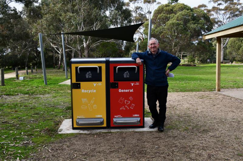 Mayor Cr Gavin Gamble with Solar Compacting Bins at Turtle Bend