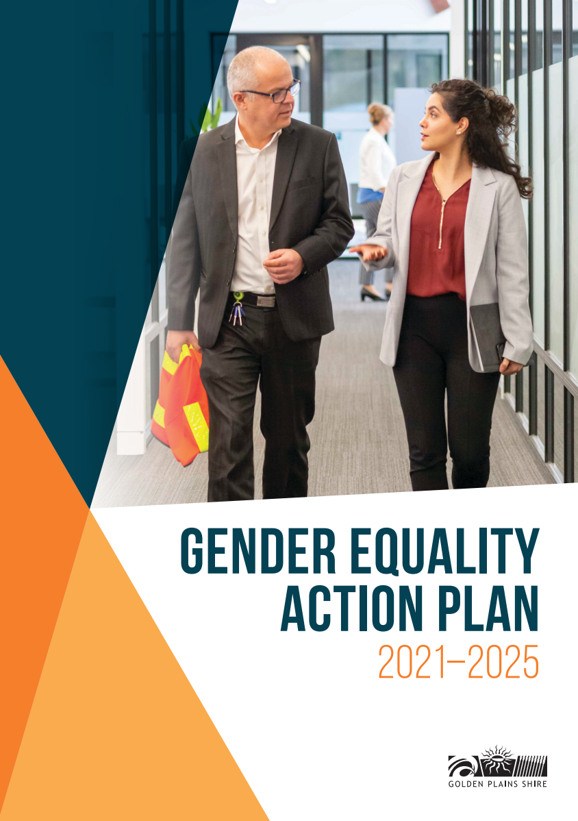 Image of the Gender Equality Action Plan 2021 - 2025 with a male and female staff member walking through an office