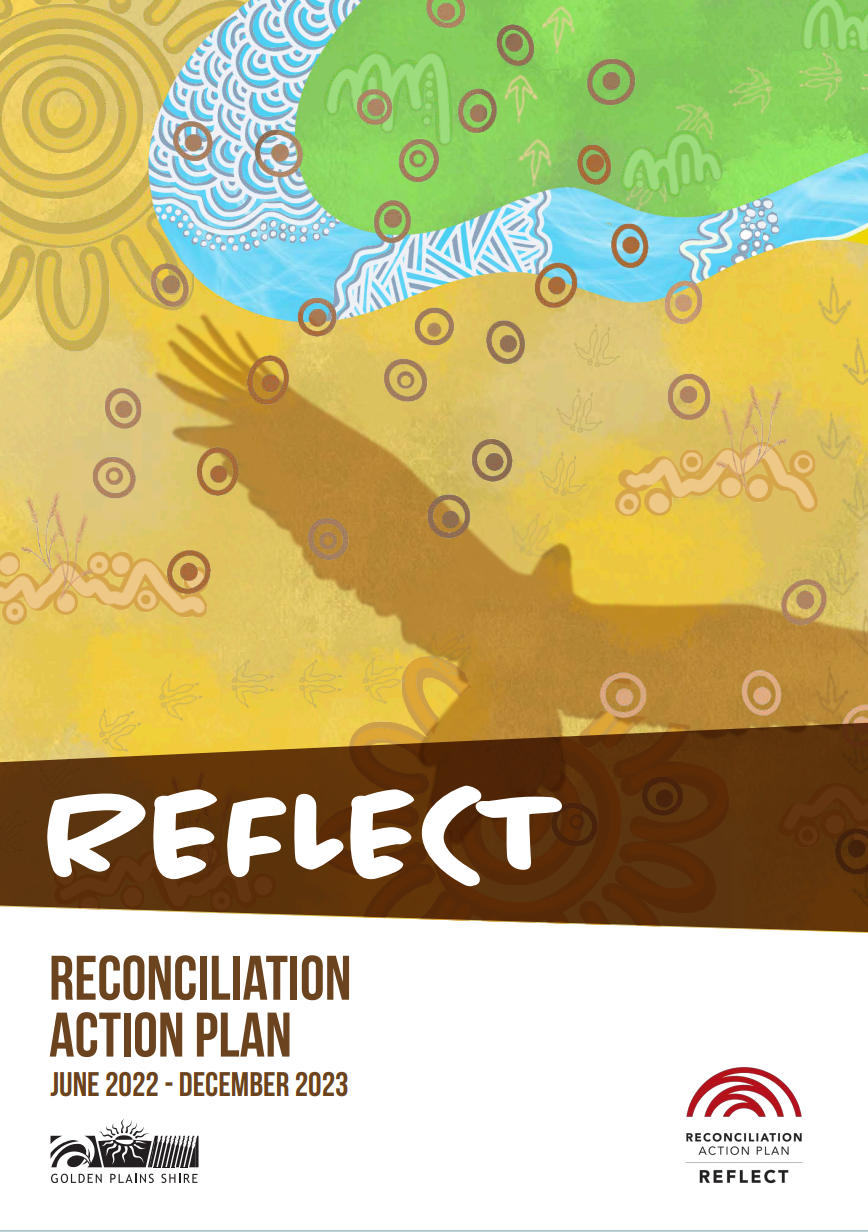 Image of the Reconciliation Action Plan including an artwork created by Aboriginal artist Shu Brown