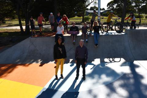 Mayor Cr Gavin Gamble and Cristine Couzens MP at the upgraded Bannockburn Skate Park 