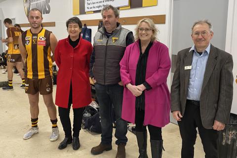 Pictured, left to right, are IFNC Senior Playing Coach Adam Donohue, Member for Buninyong Michaela Settle, IFNC President David Haste, Minister for Community Sport Ros Spence and Golden Plains Shire Mayor Cr Gavin Gamble.